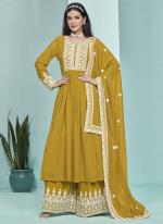 Faux Georgette Mustard Wedding Wear Embroidery Work Plazzo Suit